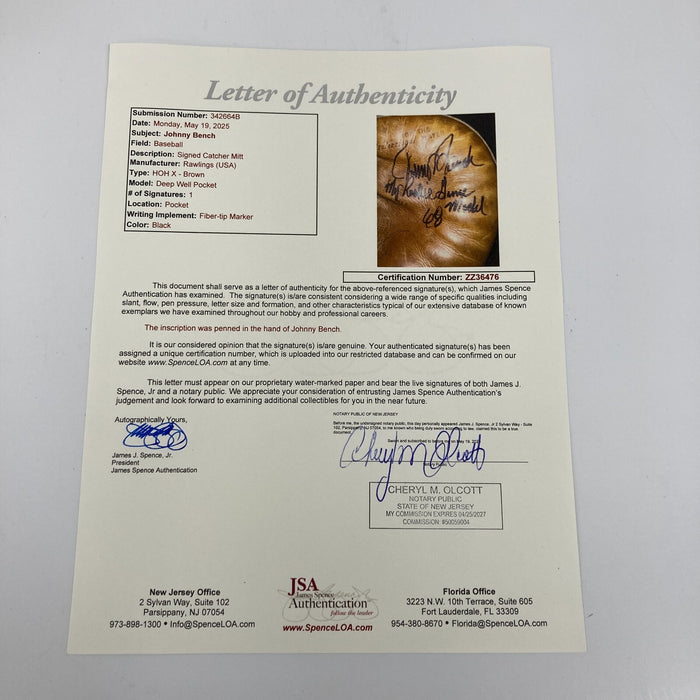 Johnny Bench Signed 1968 Rookie Game Issued Catcher's Mitt Gove JSA COA