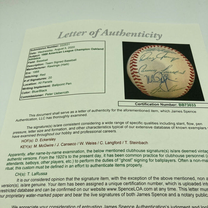 1988 Oakland Athletics A's AL Champs Team Signed World Series Baseball JSA COA