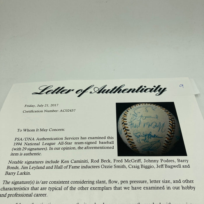 1994 All Star Game National League Team Signed Baseball Barry Bonds PSA DNA COA