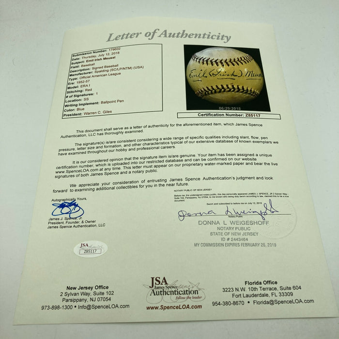 Emil Irish Meusel Single Signed National League Baseball JSA COA New York Giants