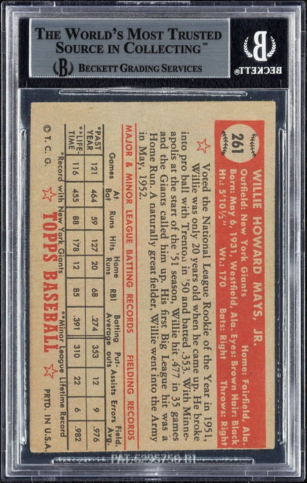 1952 Topps Willie Mays #261 Signed Autographed RC Rookie Beckett BGS