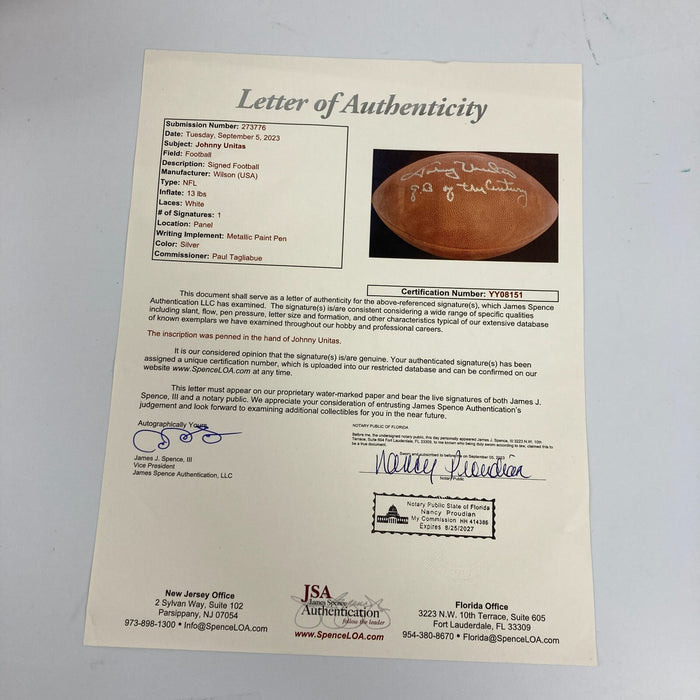 Johnny Unitas "Quarterback Of The Century" Signed Wilson NFL Game Football JSA