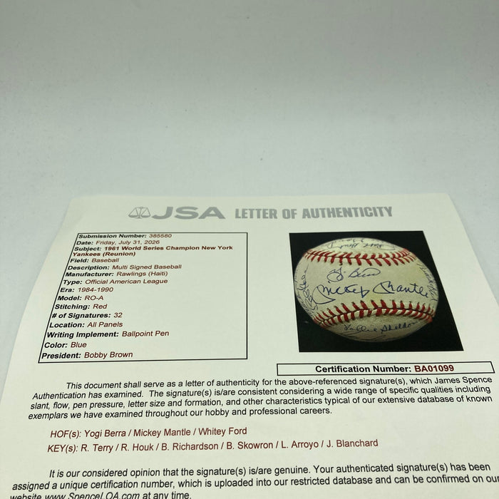 1961 New York Yankees World Series Champs Team Signed Baseball Mickey Mantle JSA