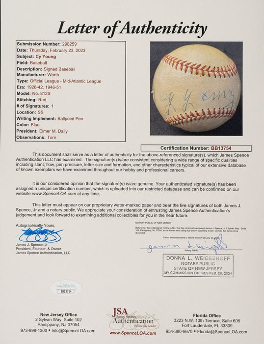 Beautiful Cy Young Single Signed Autographed Baseball JSA COA