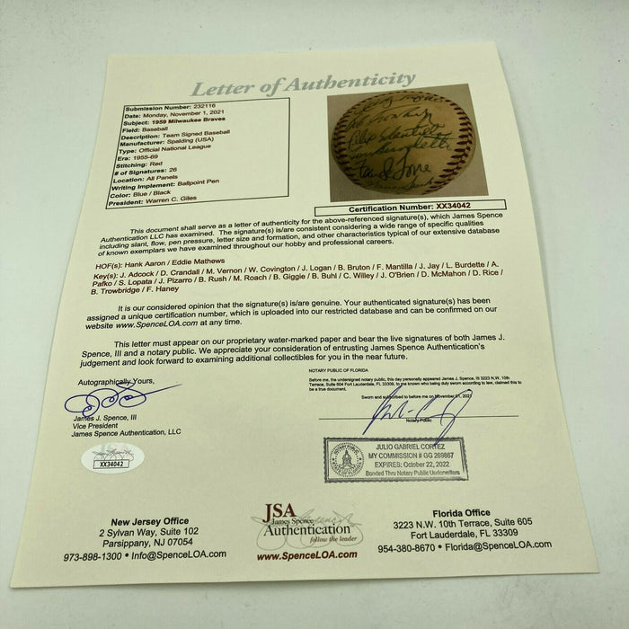 Hank Aaron 1959 Milwaukee Braves Team Signed National League Baseball JSA COA