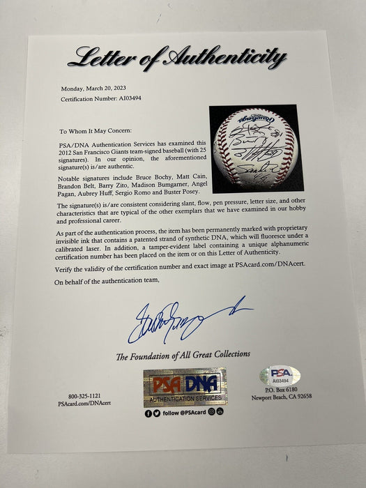 2012 San Francisco Giants World Series Champs Team Signed Baseball PSA DNA COA