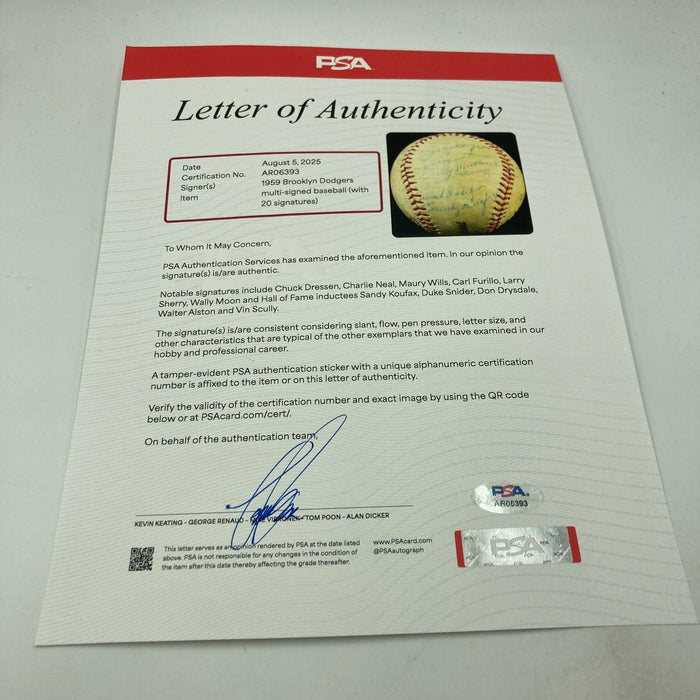 1959 Los Angeles Dodgers World Series Champs Team Signed Baseball Koufax PSA DNA