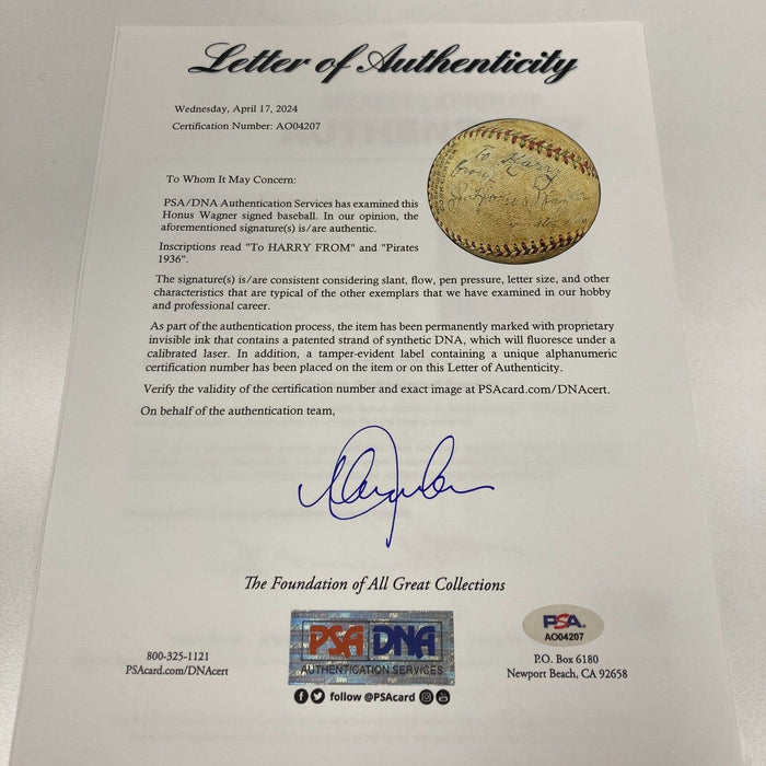 Honus Wagner Signed 1930's Baseball PSA DNA COA