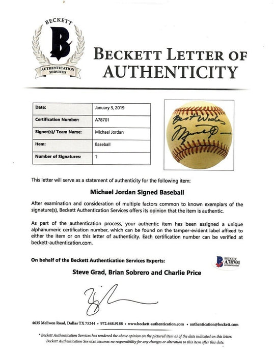 Michael Jordan 1980's Single Signed American League Baseball Beckett COA