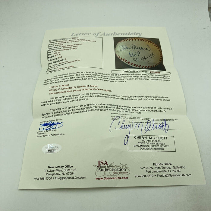 Stan Musial 1943, 1946, 1948 NL MVP Winners Signed Baseball JSA COA
