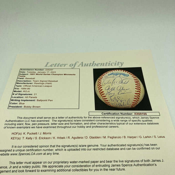 1991 Minnesota Twins World Series Champs Team Signed Baseball JSA COA