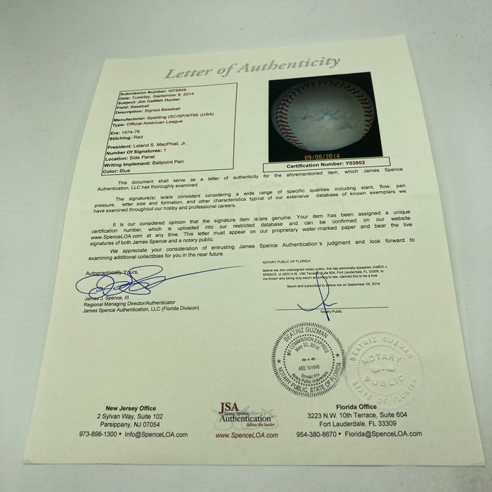 Jim Catfish Hunter Signed Vintage American League Macphail Baseball JSA COA