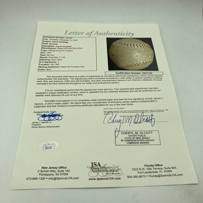 President Calvin Coolidge Single Signed 1927 American League Baseball JSA COA