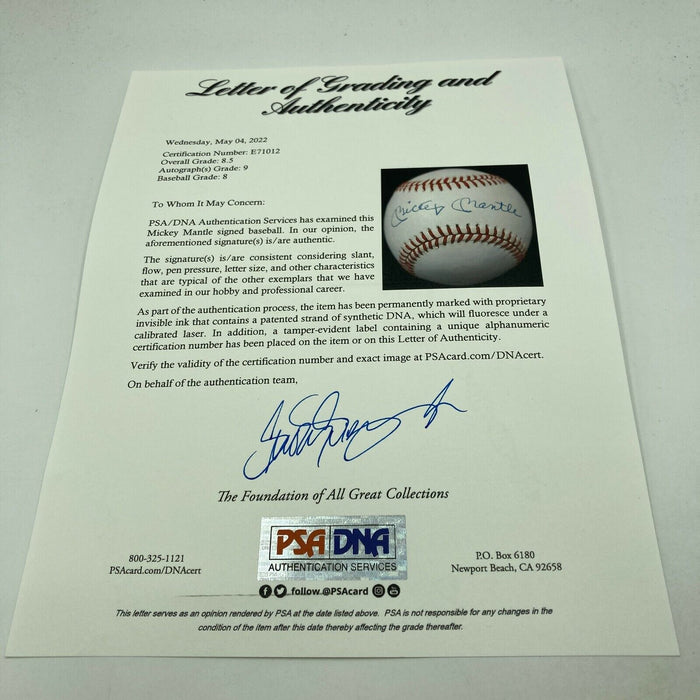 Beautiful Mickey Mantle Signed American League Baseball PSA DNA Graded MINT 9