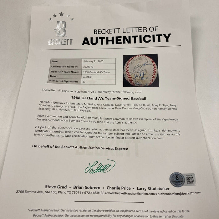 1988 Oakland Athletics A's AL Champs Team Signed World Series Baseball JSA COA