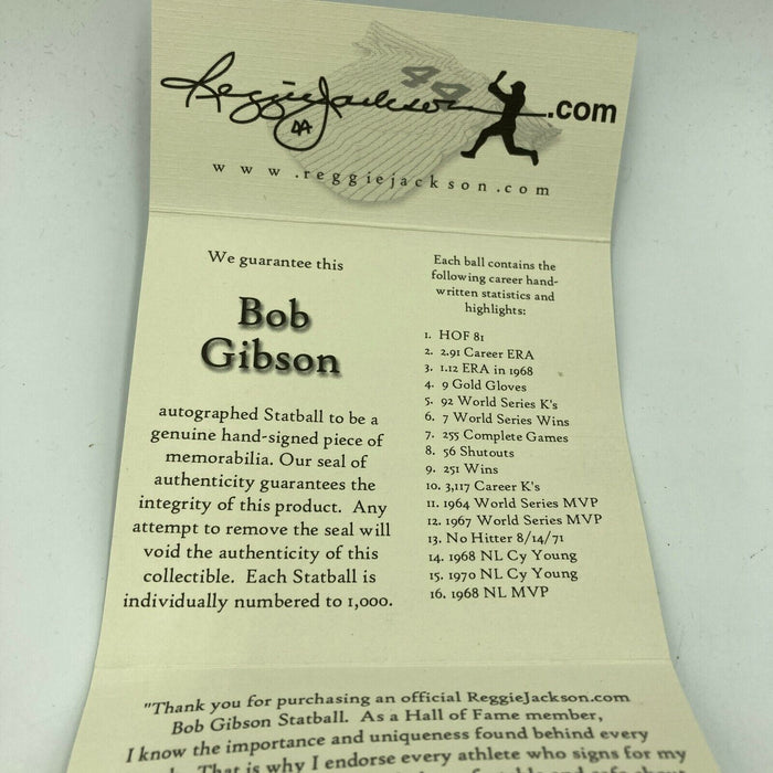 Bob Gibson Signed Heavily Inscribed Career STAT Baseball Reggie Jackson COA