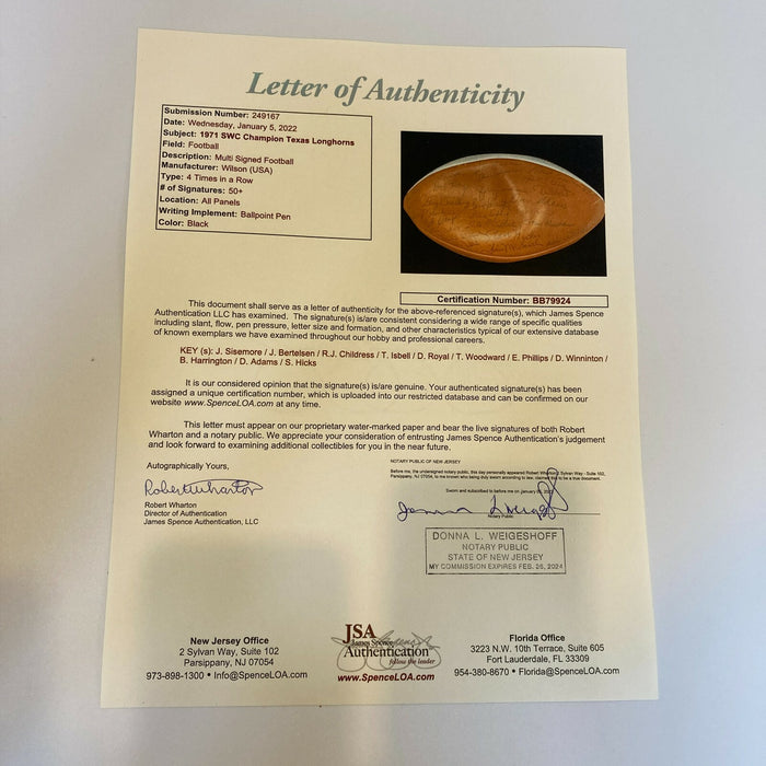 1971 Texas Longhorns SWC Champions Team Signed Football 50+ Sigs JSA COA