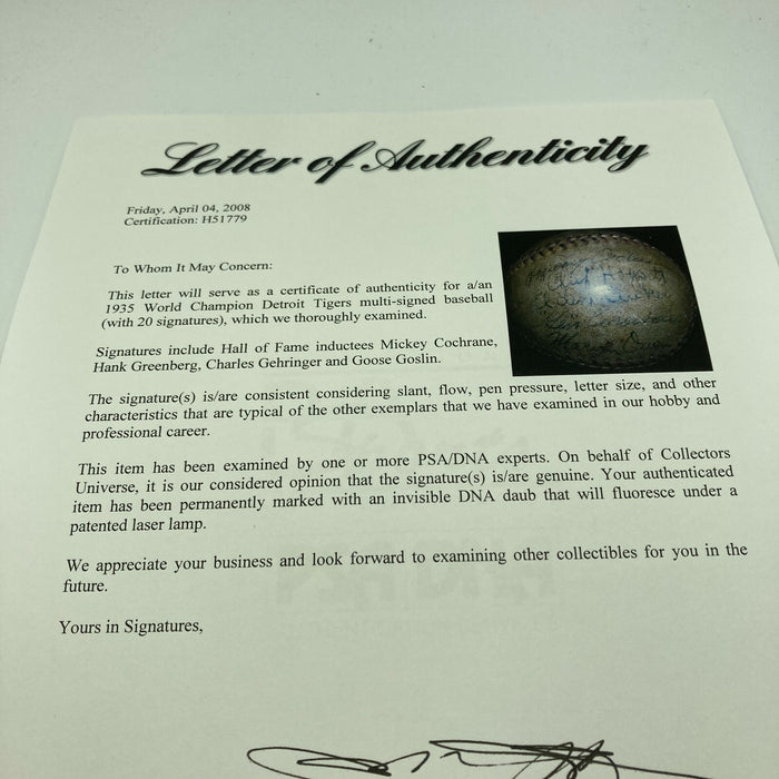 1935 Detroit Tigers World Series Champs Team Signed Baseball PSA DNA COA