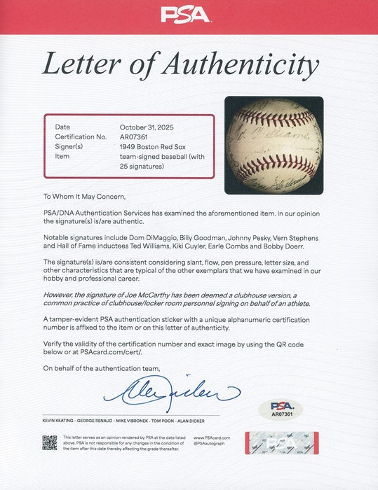Ted Williams 1949 Boston Red Sox Team-Signed American League Baseball PSA DNA
