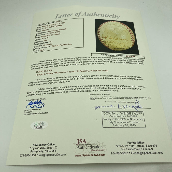 Whitey Ford Pre Rookie 1947 Butler Yankees Minor League Team Signed Baseball JSA