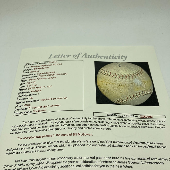 Bill McGowan Single Signed 1925 American League Baseball JSA COA RARE