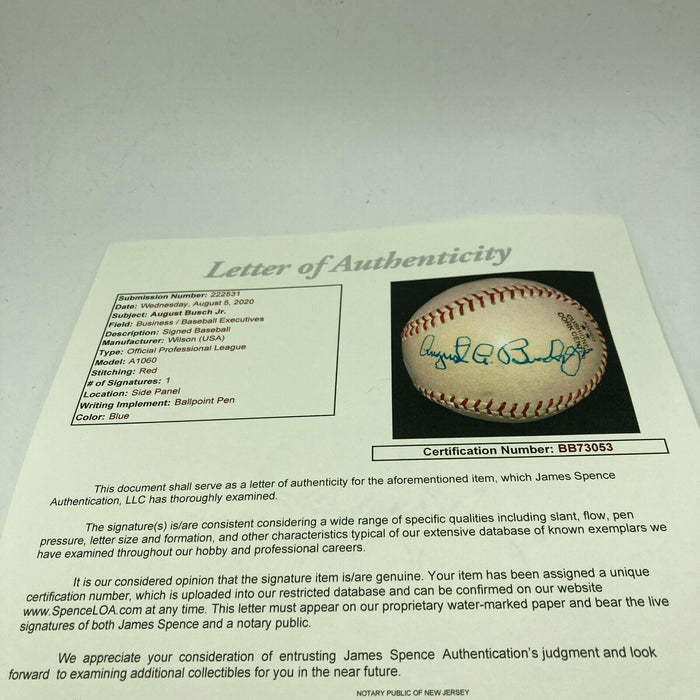 August A. Busch Jr. Single Signed Baseball St. Louis Cardinals Owner JSA COA