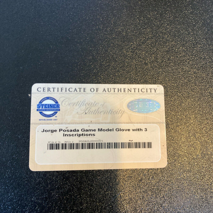 Jorge Posada "3 Peat 1998-2000 W.S. Champs" Signed Game Model Glove Steiner COA