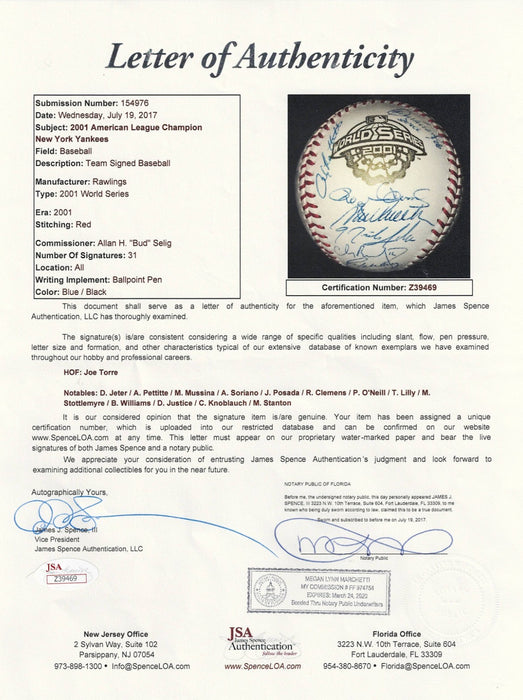 2001 New York Yankees AL Champs Team Signed World Series Baseball JSA COA
