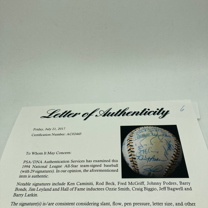 1994 All Star Game National League Team Signed Baseball Barry Bonds PSA DNA COA