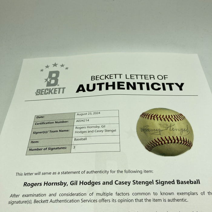 Rogers Hornsby Gil Hodges Casey Stengel Signed National League Baseball Beckett