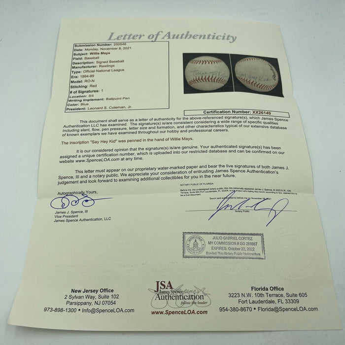 Willie Mays "Say Hey Kid" Signed Inscribed NL Baseball JSA COA Mint Signature