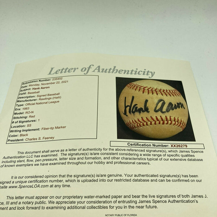 Hank Aaron Signed Vintage National League Feeney Baseball With JSA COA