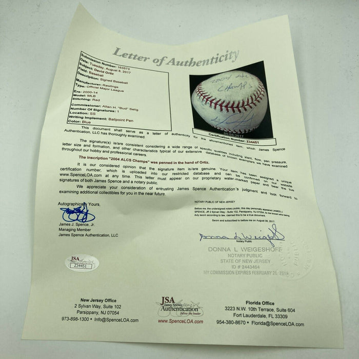 Historic David Ortiz Signed 2004 ALCS Game Used Baseball JSA Steiner & MLB