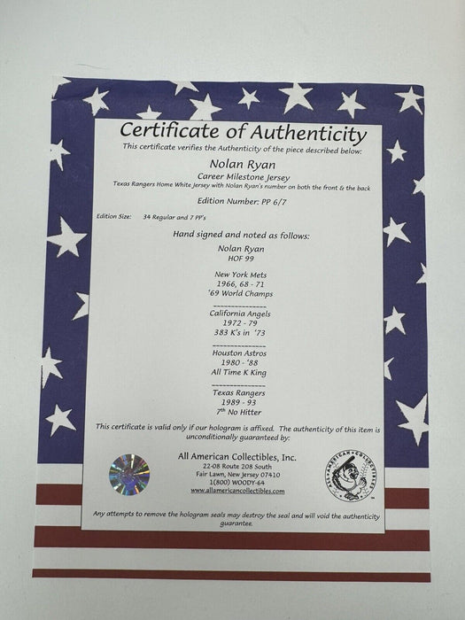 Nolan Ryan Signed Heavily Inscribed Texas Rangers Game Model STAT Jersey Beckett