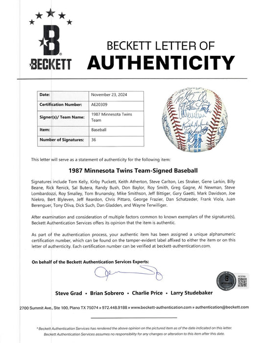 1987 Minnesota Twins World Series Champs Team Signed Baseball Beckett COA