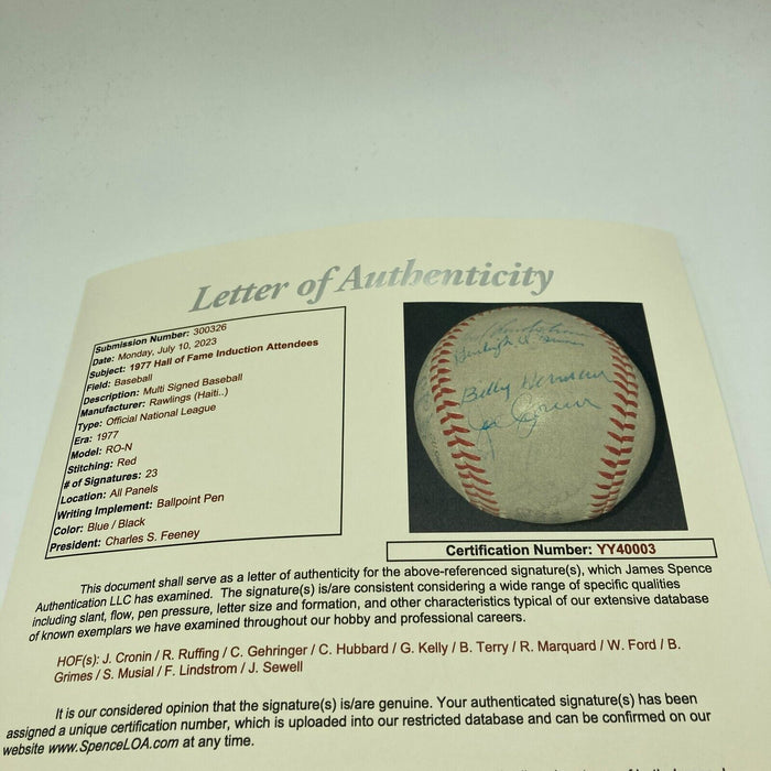 Beautiful 1977 Hall Of Fame Induction Multi Signed Baseball 23 Sigs JSA COA