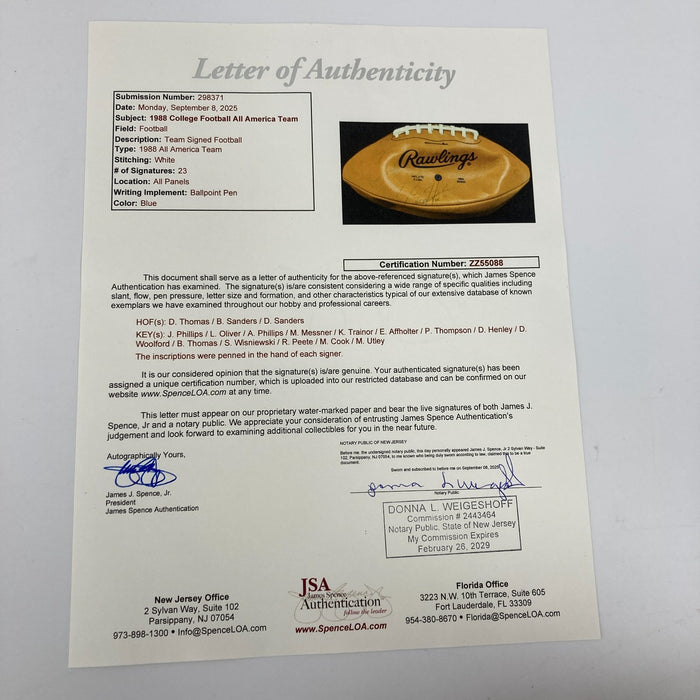 Barry Sanders Deion Sanders Rookie 1988 All America Team Signed Football JSA COA