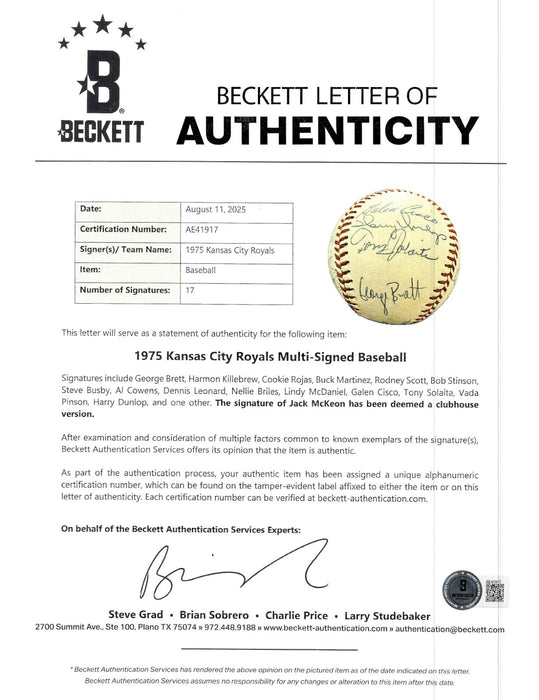 1975 Kansas City Royals Team Signed Baseball George Brett Rookie Beckett COA