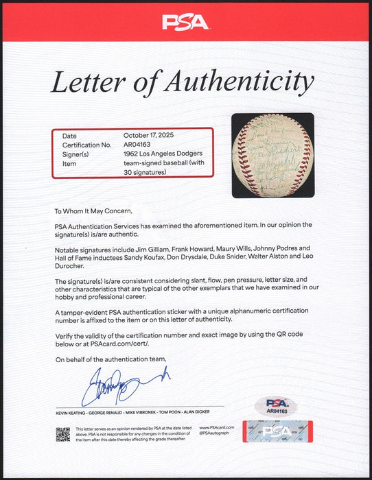 Sandy Koufax 1962 Los Angeles Dodgers Team Signed Baseball PSA DNA COA