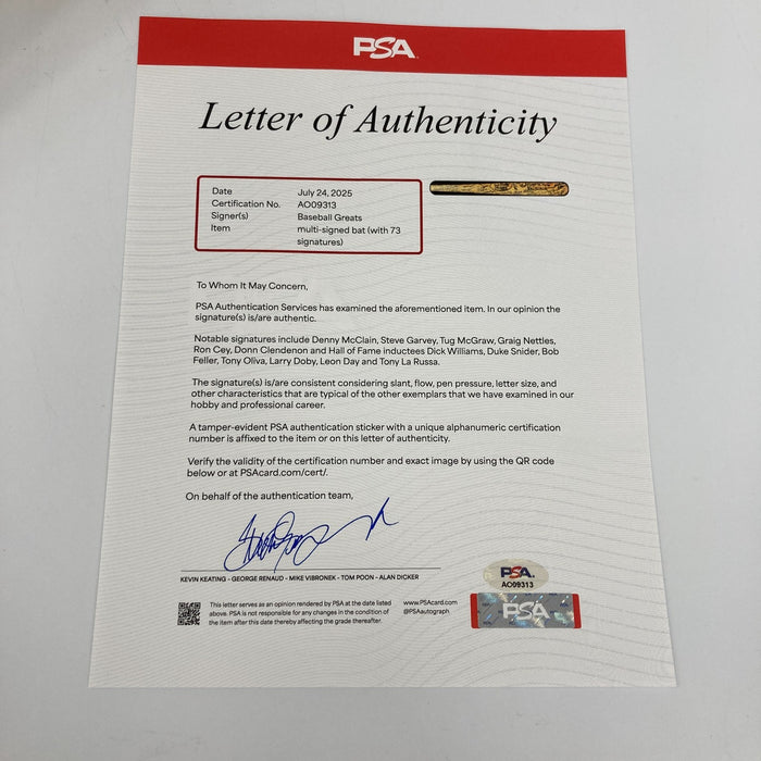 Hall Of Fame & Legends Multi Signed Baseball Bat 73 Sigs PSA DNA COA