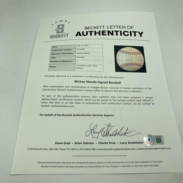 Mickey Mantle Playing Days Signed 1960's American League Joe Cronin Baseball BAS