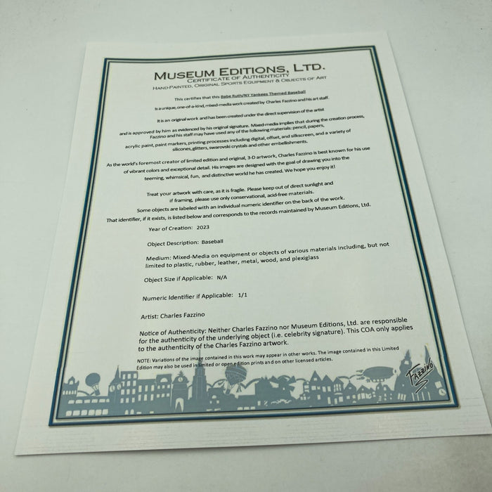 Babe Ruth Signed Charles Fazzino Hand Painted Pop Art Baseball JSA COA 1/1