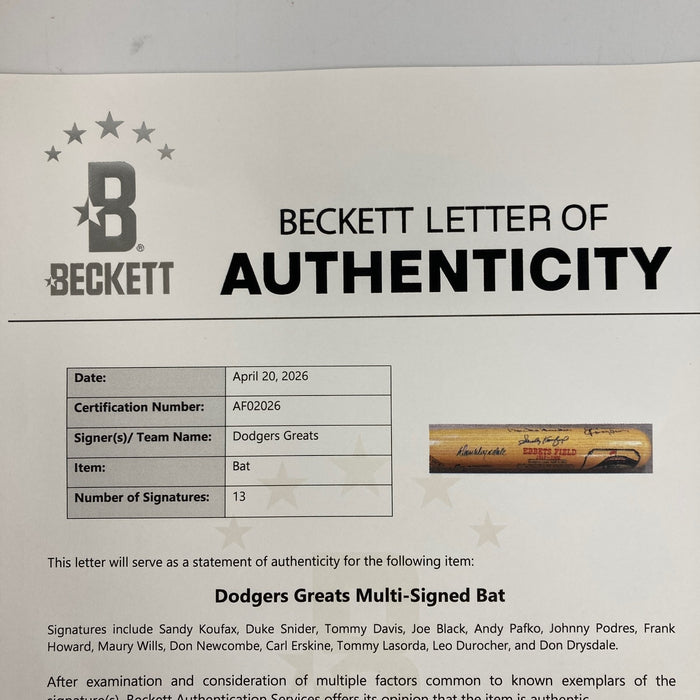 Sandy Koufax Don Drysdale Brooklyn Dodgers Legends Multi Signed Bat Beckett COA