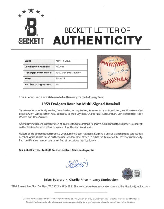 1959 Los Angeles Dodgers World Series Champs Team Signed Baseball Koufax Beckett