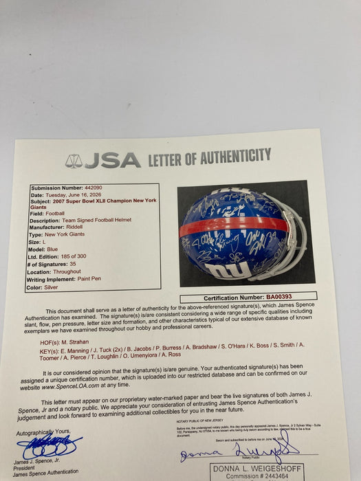 2007 New York Giants Super Bowl Champs Team Signed Full Size Helmet JSA COA