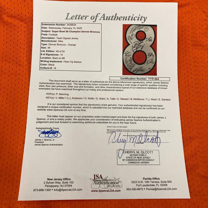 2015 Denver Broncos Super Bowl 50 Champs Team Signed Nike Game Jersey JSA COA