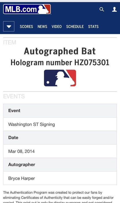 Nice Bryce Harper Signed Washington Nationals Baseball Bat MLB AUTHENTICATED