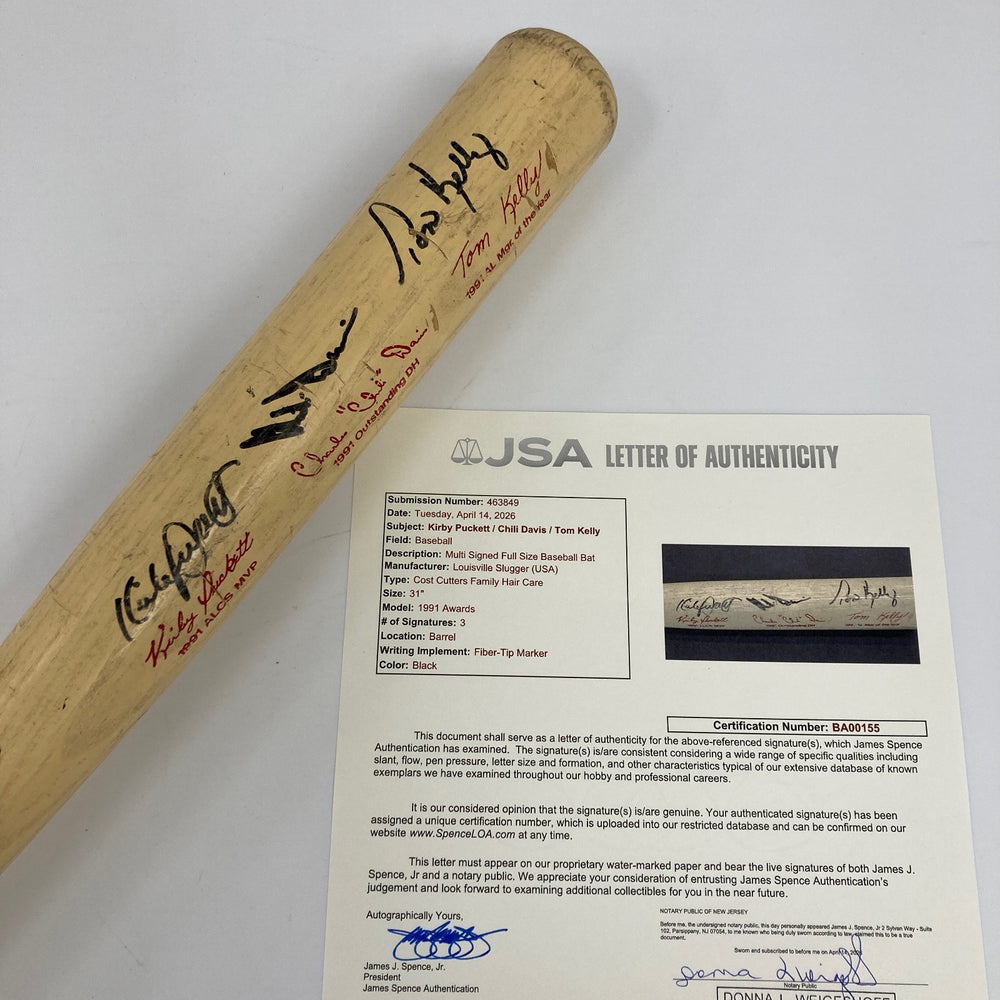 Kirby Puckett Tom Kelly Signed 1991 World Series Champs Baseball Bat JSA COA