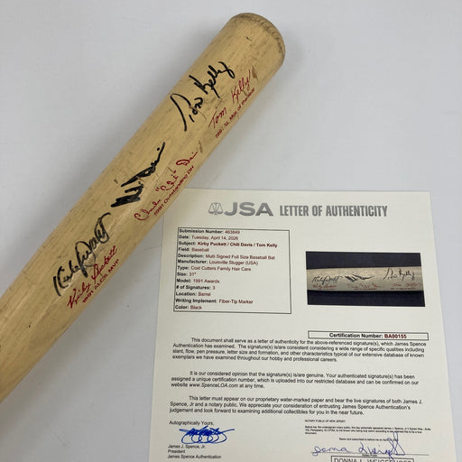 Kirby Puckett Tom Kelly Signed 1991 World Series Champs Baseball Bat JSA COA