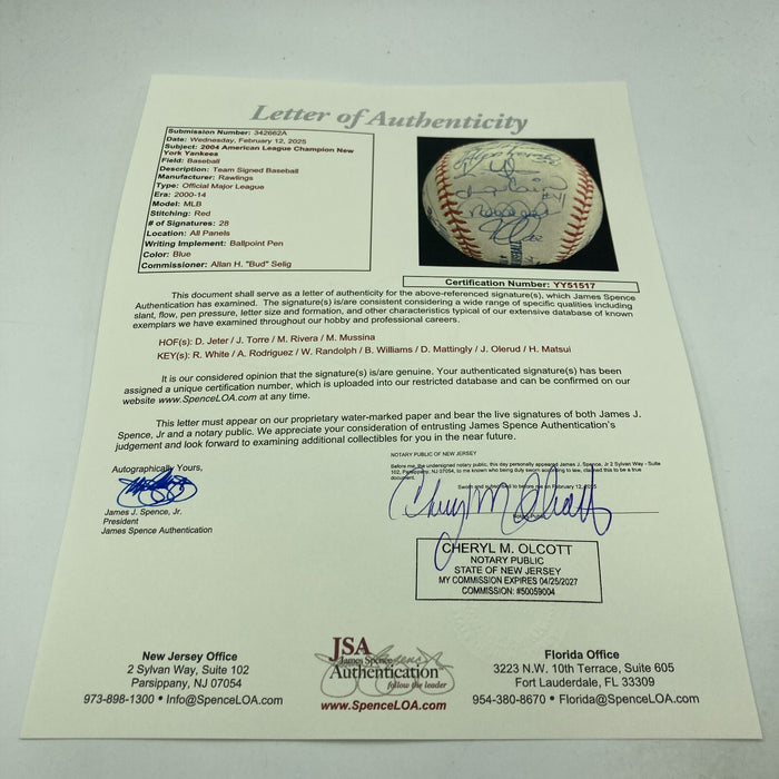 2004 New York Yankees Team Signed Baseball Derek Jeter Mariano Rivera JSA COA